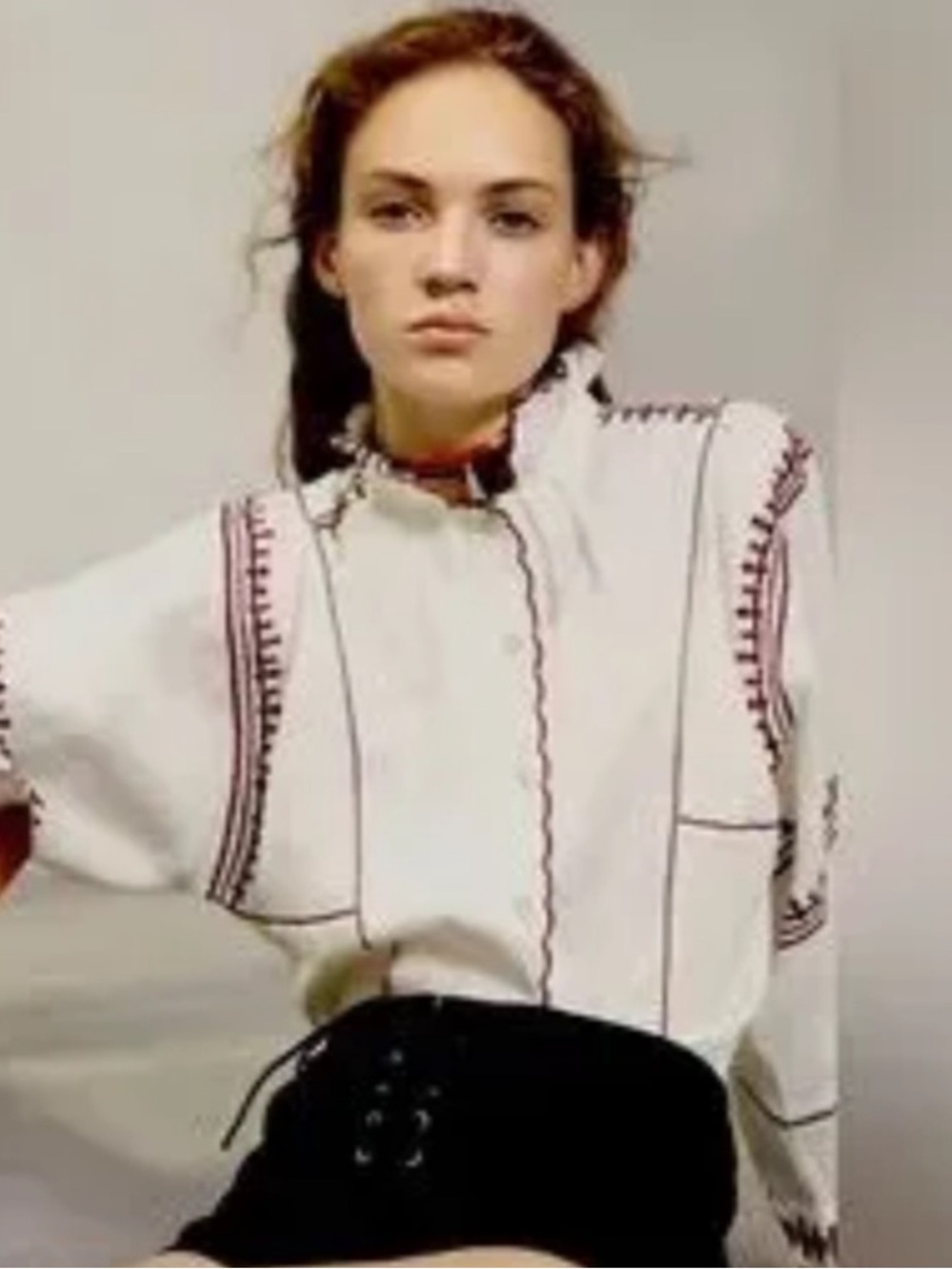 (G583) Isabel Marant White Button-Down Top with Burgundy Stitching 100% linen